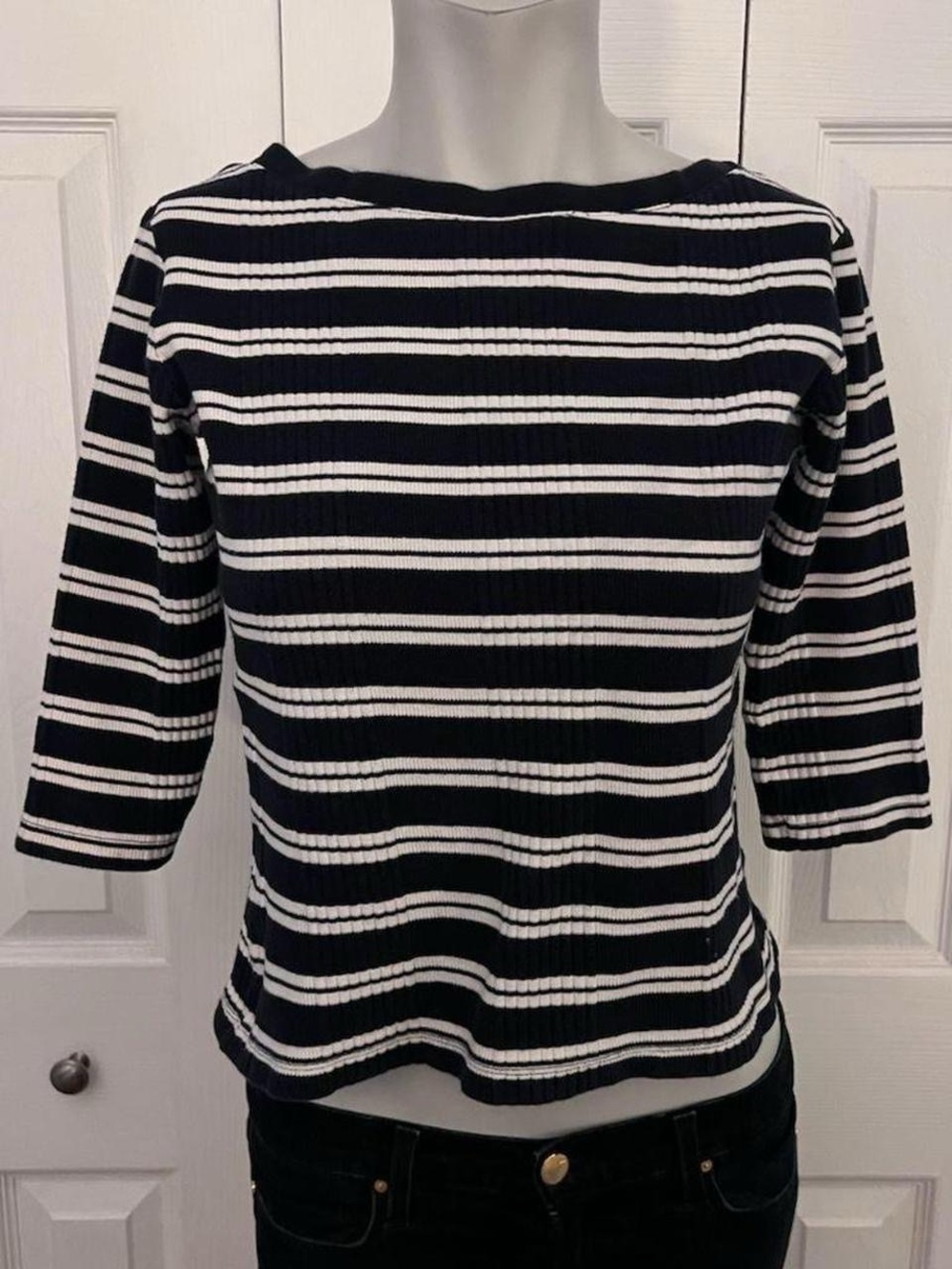 Tommy Hilfiger Navy Blue & White Ribbed Striped 3/4 Sleeve Top Size Small